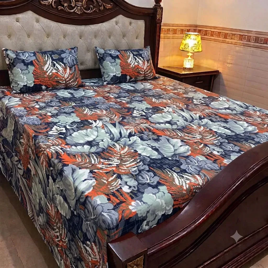 Blue Grey Floral Cotton Sotton King Size Bedsheet
