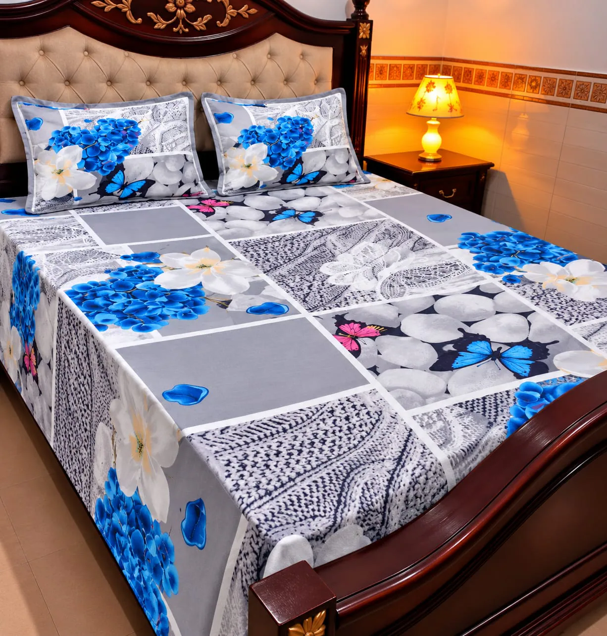 Blue Patchwork Cotton Sotton King Size Bedsheet