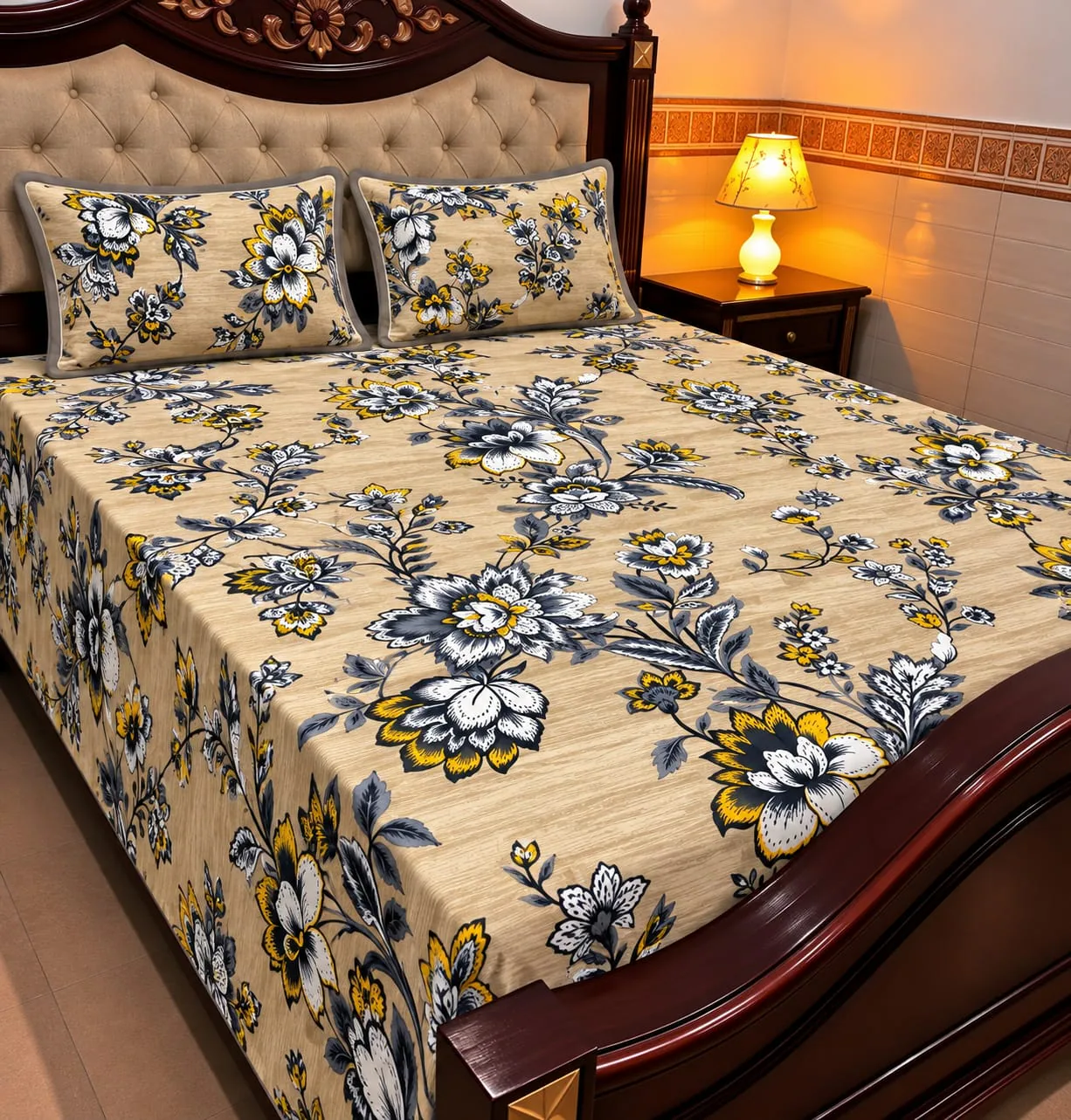 Cream Blue Floral Cotton Sotton King Size Bedsheet
