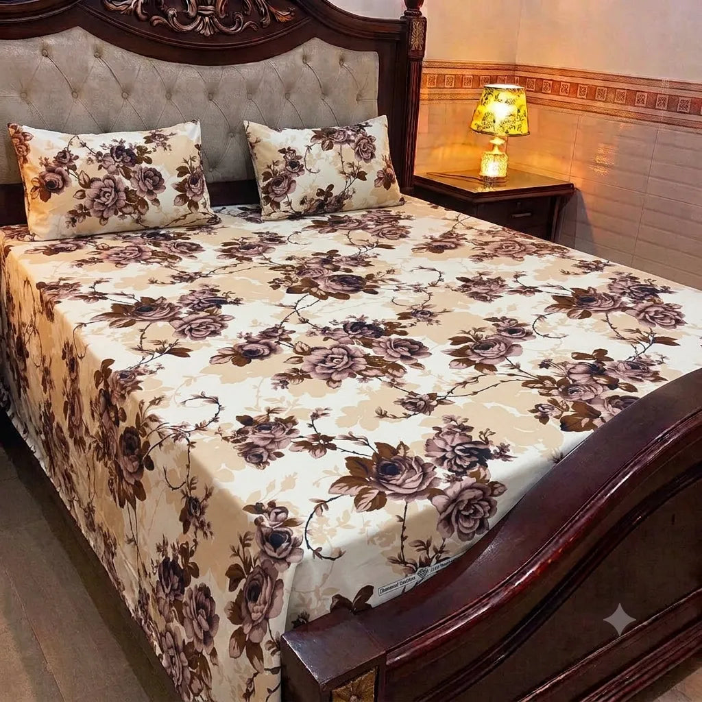 Cream Brown Floral Cotton Sotton King Size Bedsheet