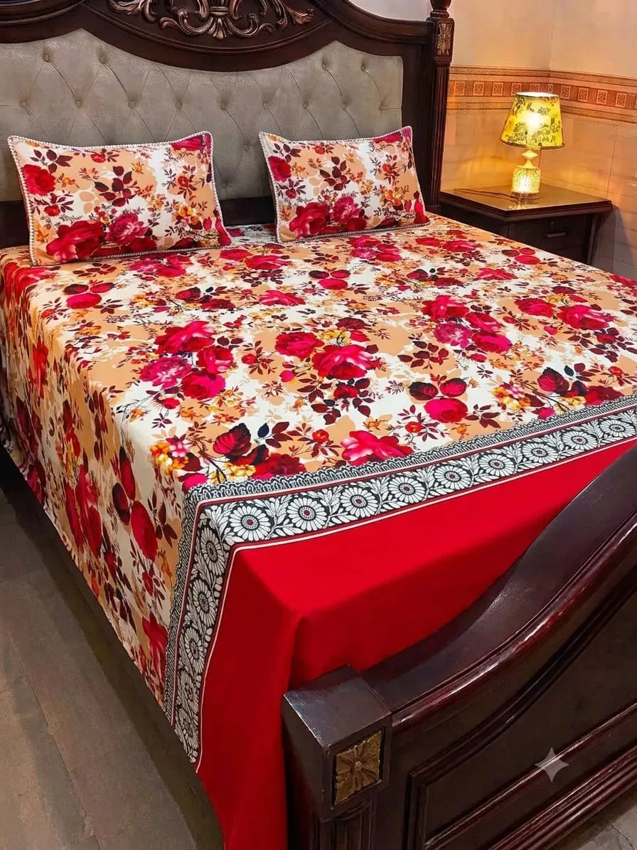 Cream Red Floral Cotton Sotton King Size Bedsheet