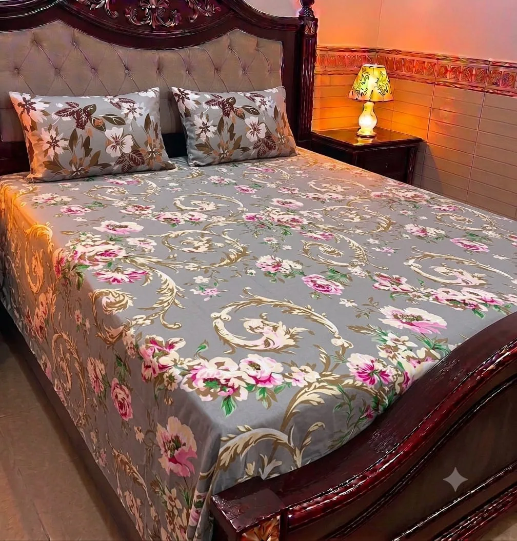 Grey Floral Cotton Sotton King Size Bedsheet