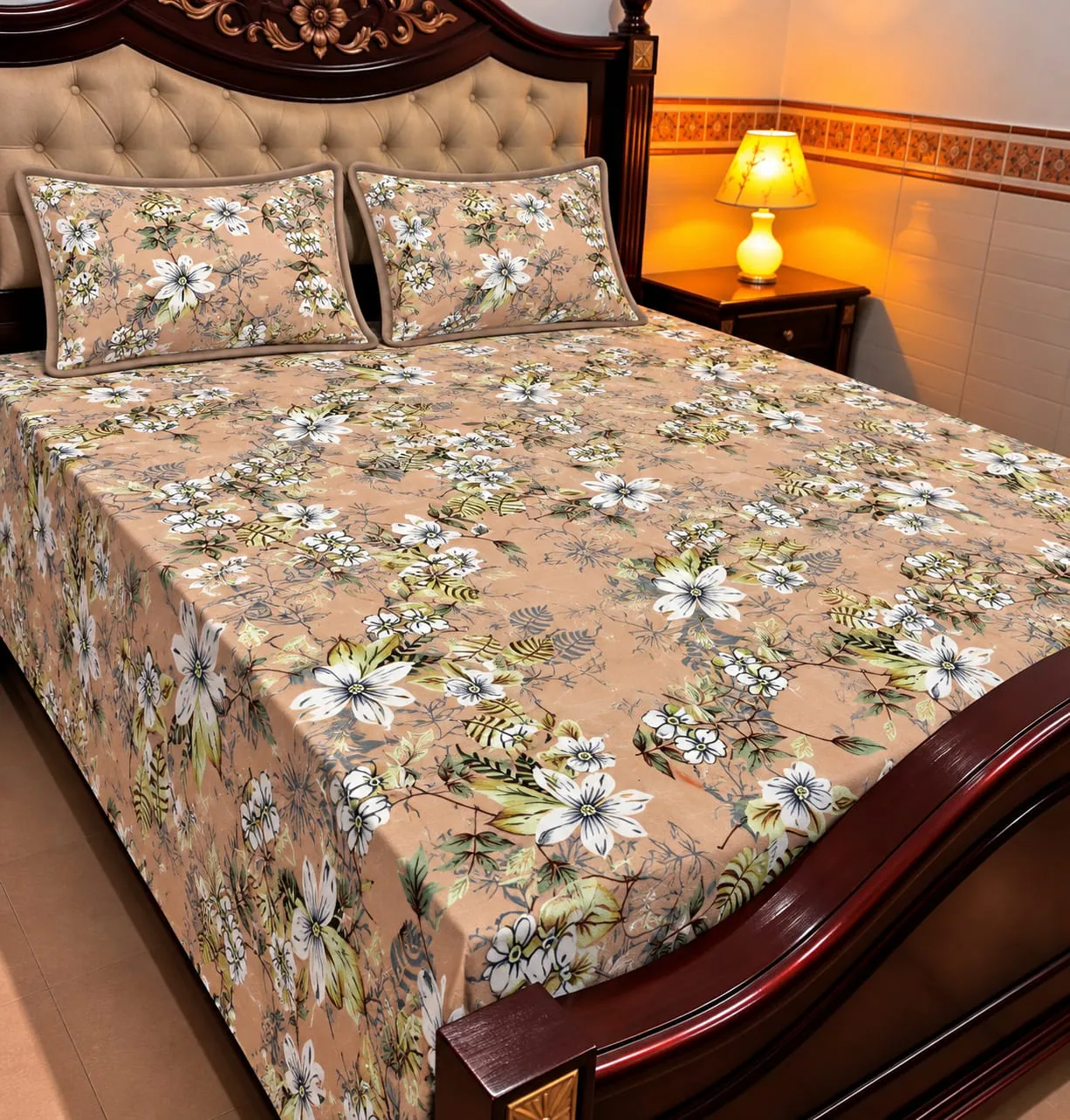 Peach Floral Cotton Sotton King Size Bedsheet
