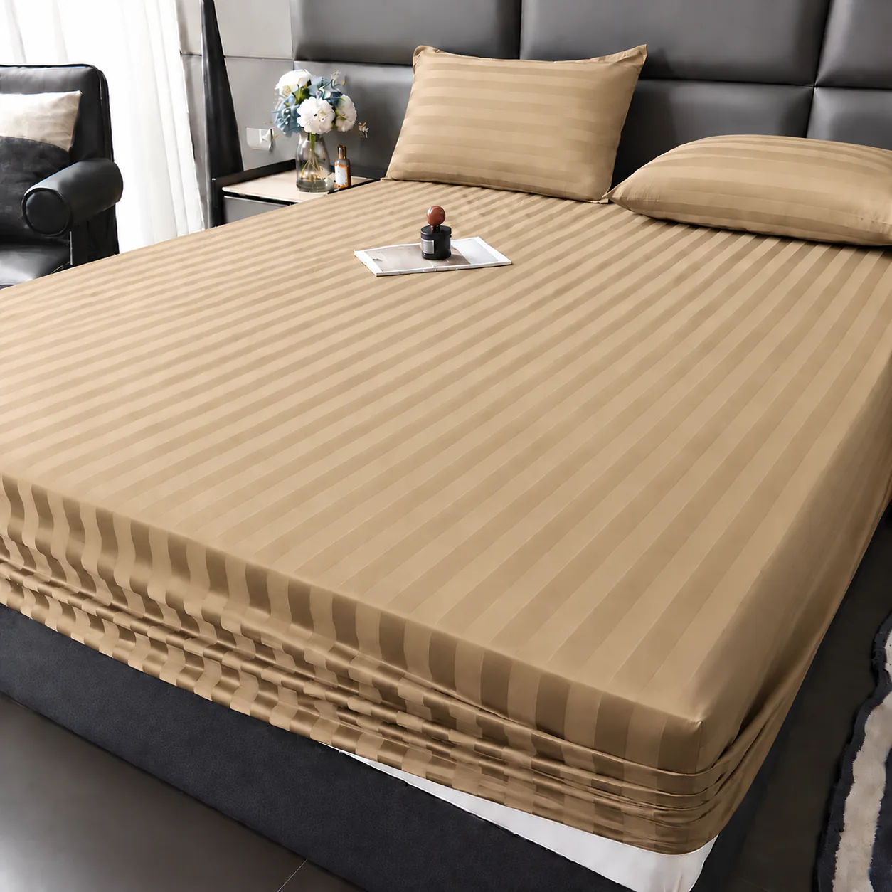 Beige Plain Fitted Bedsheet