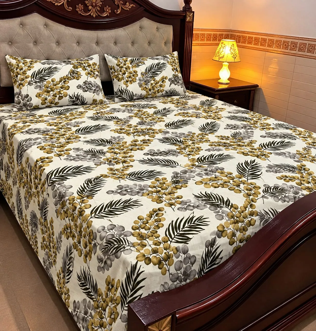 White Olive Floral Cotton Sotton King Size Bedsheet